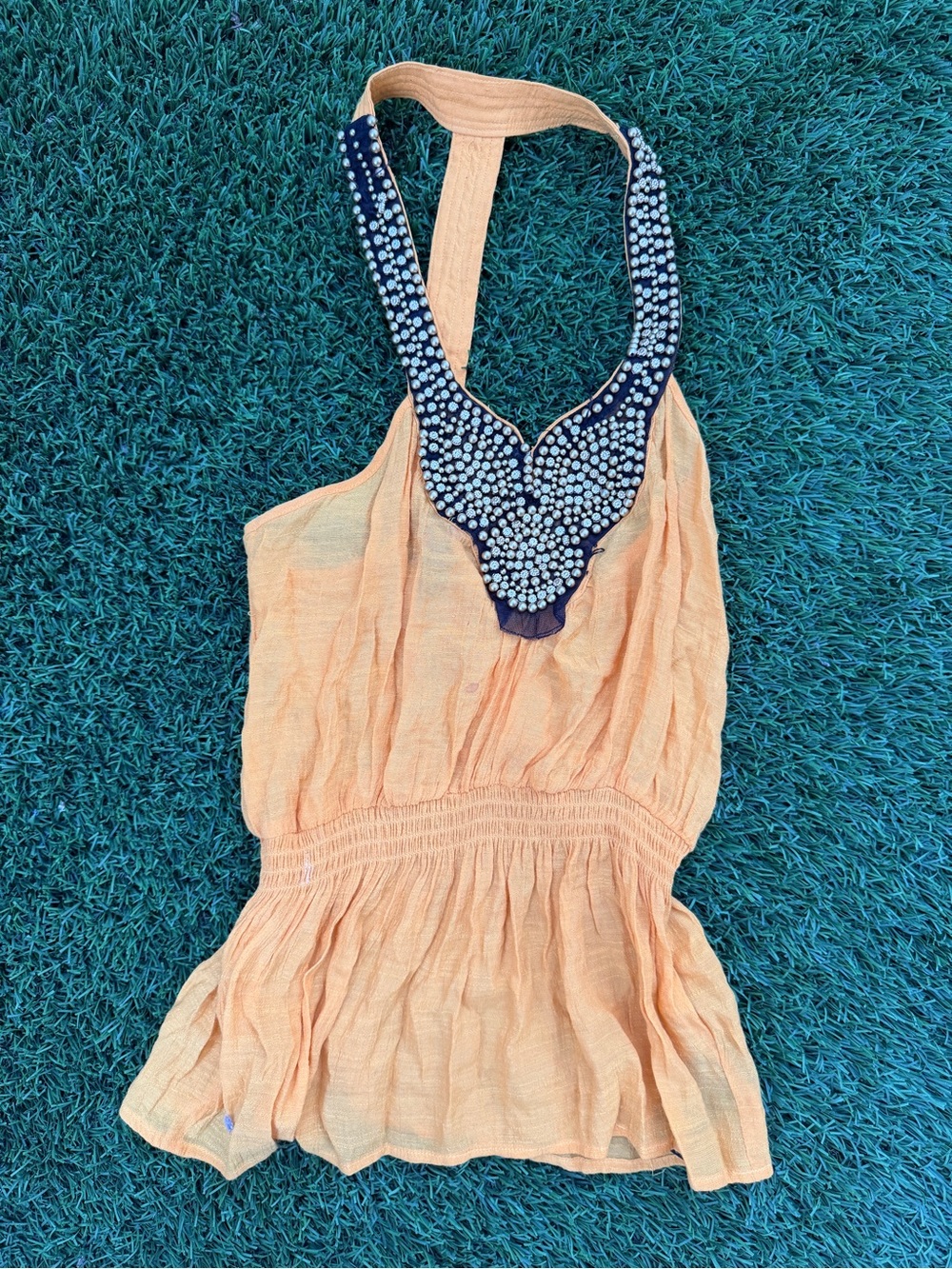 bebe Peach Halter One-Piece with Beaded Neckline